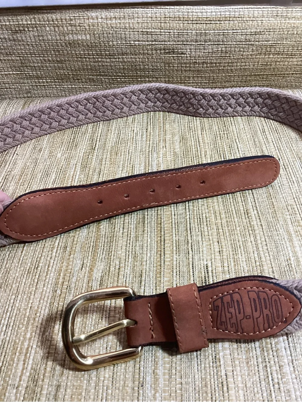 New Zep-Pro Braided Beige Belt with Brown Leather Accents Size 38